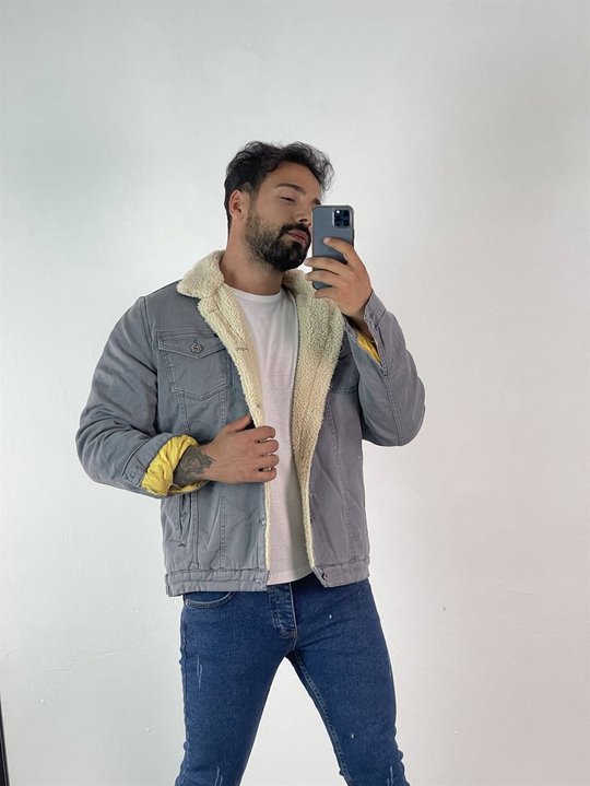 KOT CEKETErkek Gri İçi, Yakası Full Kürklü Kot Ceket 