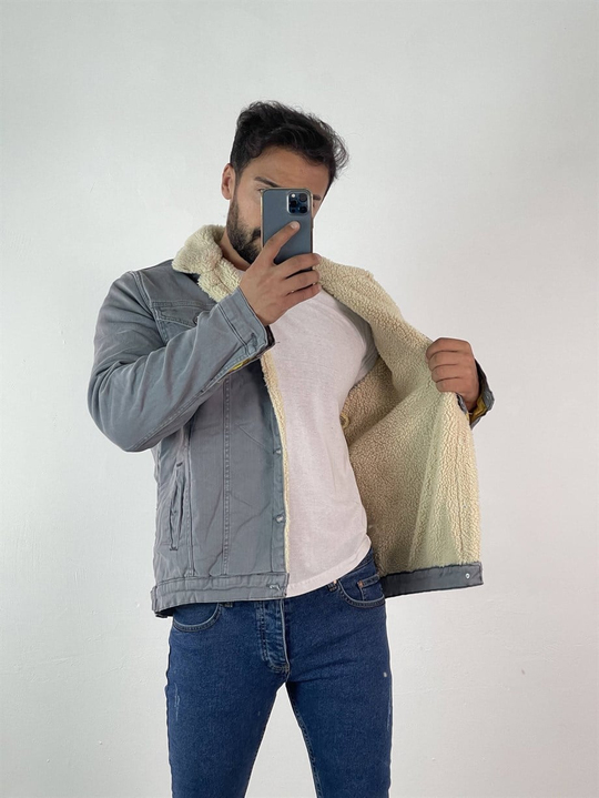 KOT CEKETErkek Gri İçi, Yakası Full Kürklü Kot Ceket 