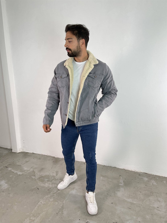 KOT CEKETErkek Gri İçi, Yakası Full Kürklü Kot Ceket 