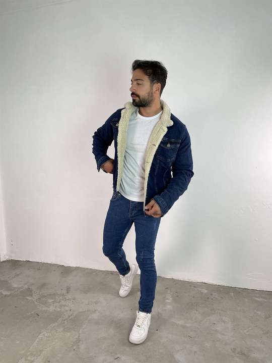 KOT CEKETErkek Lacivert İçi, Yakası Full Kürklü Kot Ceket 