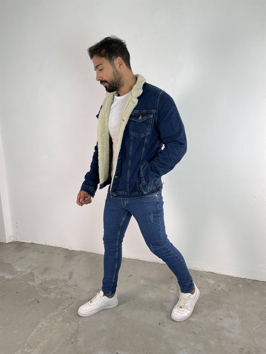 KOT CEKETErkek Lacivert İçi, Yakası Full Kürklü Kot Ceket 