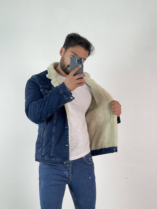 KOT CEKETErkek Lacivert İçi, Yakası Full Kürklü Kot Ceket 
