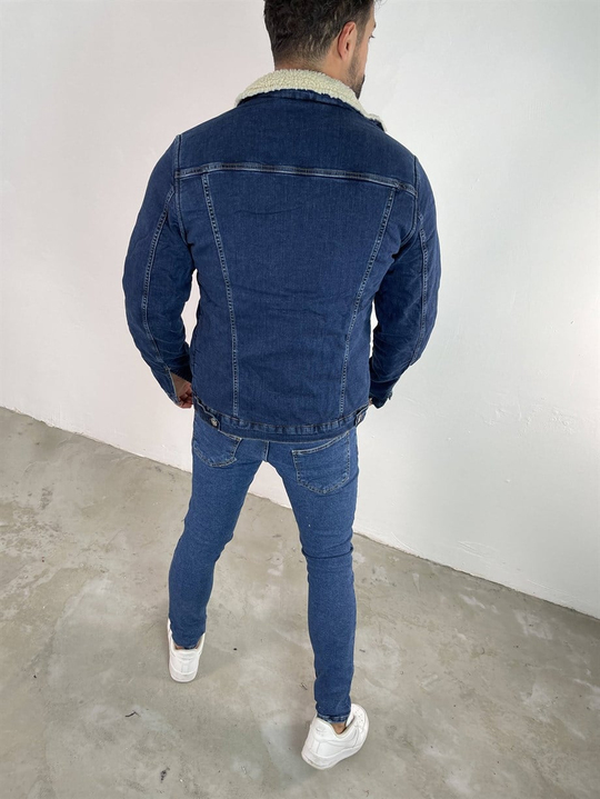 KOT CEKETErkek Lacivert İçi, Yakası Full Kürklü Kot Ceket 