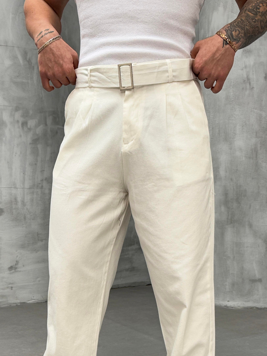 KOT PANTOLONBeyaz Kendiliğinden Kemerli Baggy Keten Pantolon SNZ 1014