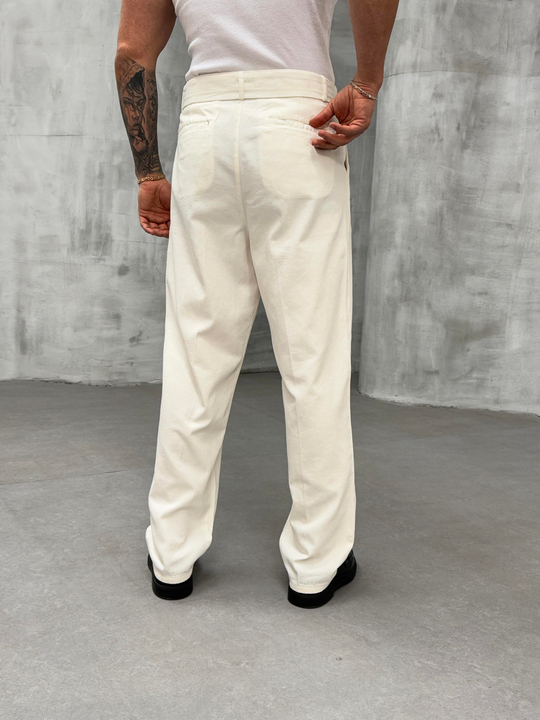 KOT PANTOLONBeyaz Kendiliğinden Kemerli Baggy Keten Pantolon SNZ 1014