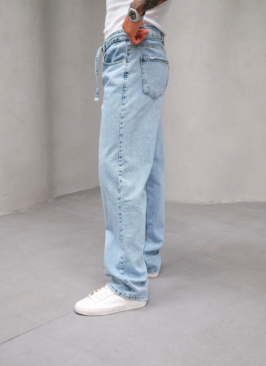 KOT PANTOLONBuz Mavi Taşlamalı Bel İpli Baggy Kot Pantolon MB