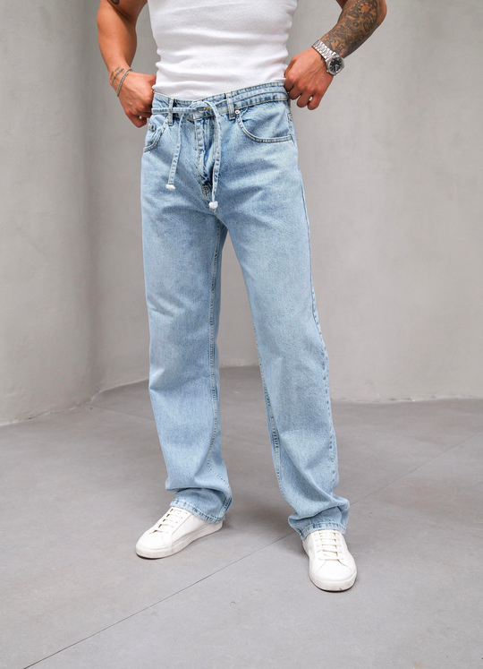KOT PANTOLONBuz Mavi Taşlamalı Bel İpli Baggy Kot Pantolon MB