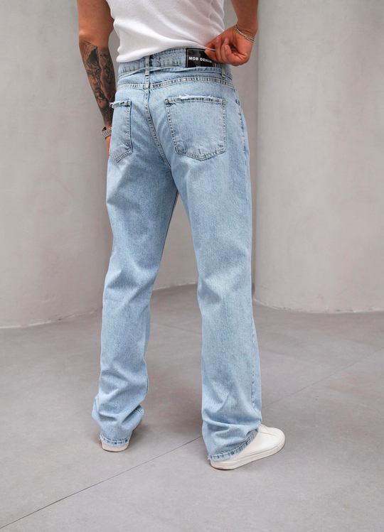 KOT PANTOLONBuz Mavi Taşlamalı Bel İpli Baggy Kot Pantolon MB
