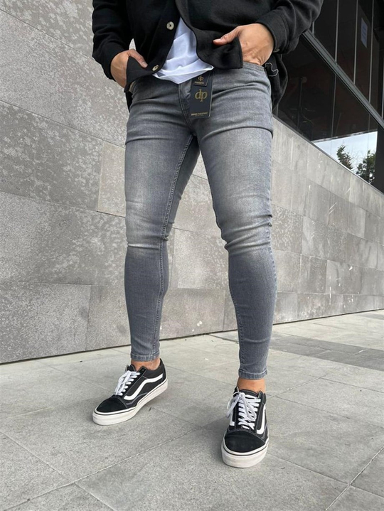 KOT PANTOLONErkek Gri Taşlanmış Slim Fit Kot Pantolon 