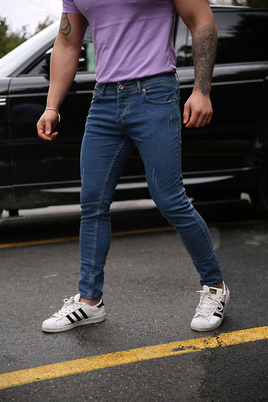 KOT PANTOLONErkek  Lacivert Lazerli Slim Fit Kot Pantolon