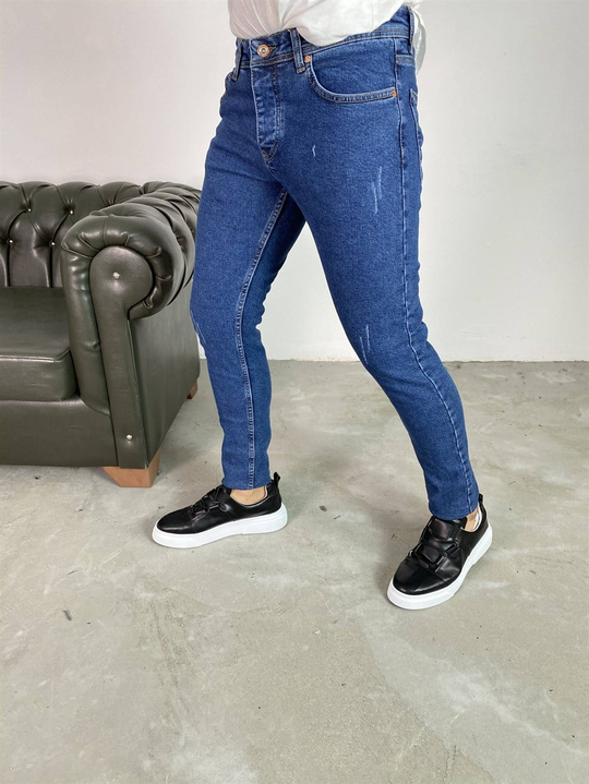 KOT PANTOLONErkek Lacivert Lazerli Slim Fit Kot Pantolon
