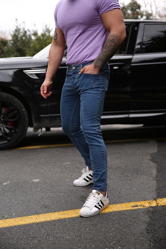 KOT PANTOLONErkek  Lacivert Lazerli Slim Fit Kot Pantolon