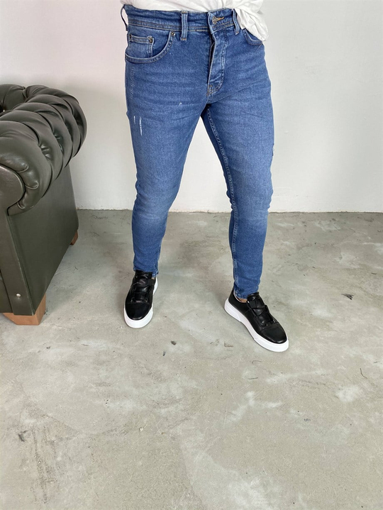 KOT PANTOLONErkek Mavi Lazerli Slim Fit Kot Pantolon