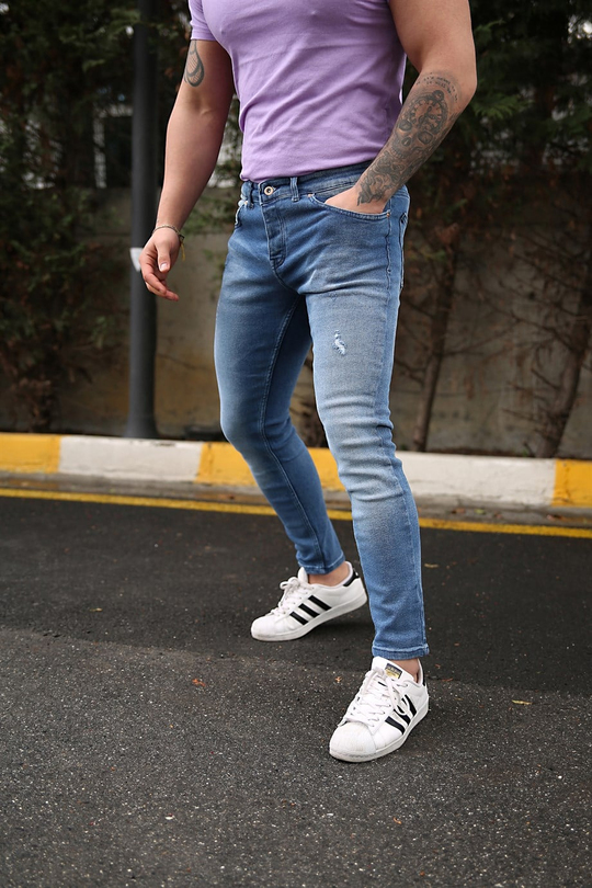 KOT PANTOLONErkek  Mavi Lazerli Slim Fit Kot Pantolon