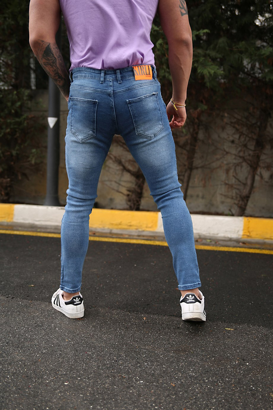 KOT PANTOLONErkek  Mavi Lazerli Slim Fit Kot Pantolon