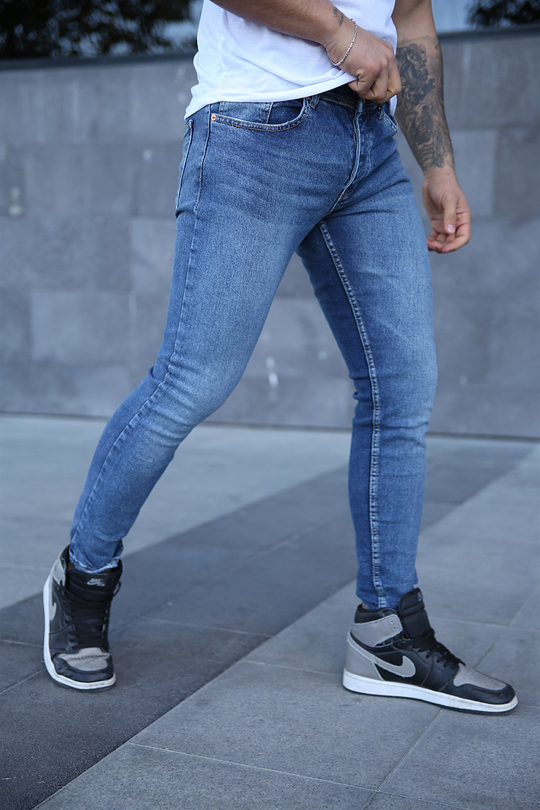 KOT PANTOLONErkek Mavi Traşlı Slim Fit Kot Pantolon