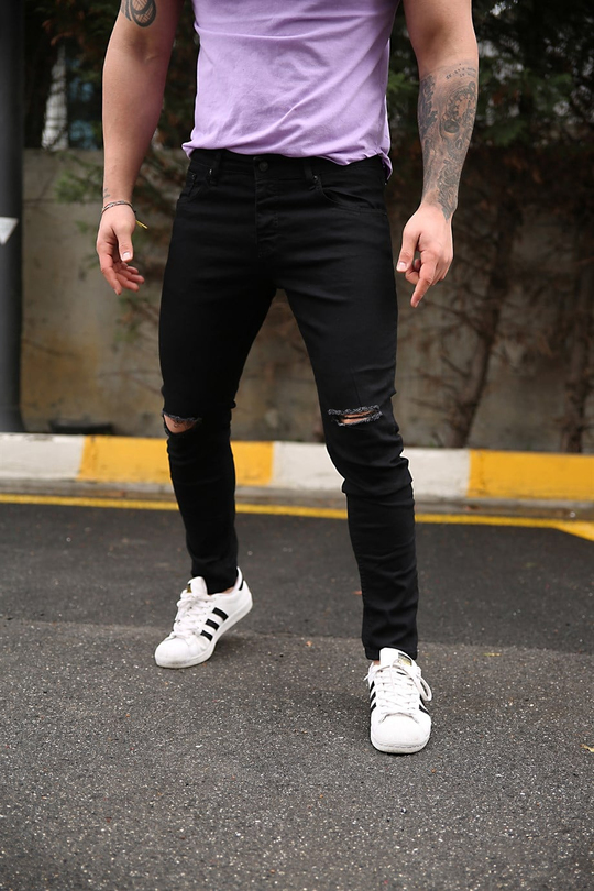 KOT PANTOLONErkek Siyah Dizleri Yırtık Slim Fit Kot Pantolon