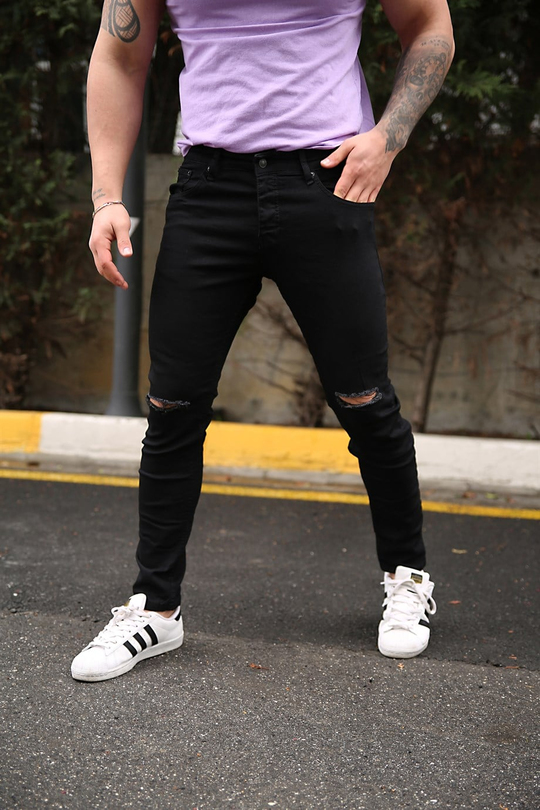 KOT PANTOLONErkek Siyah Dizleri Yırtık Slim Fit Kot Pantolon