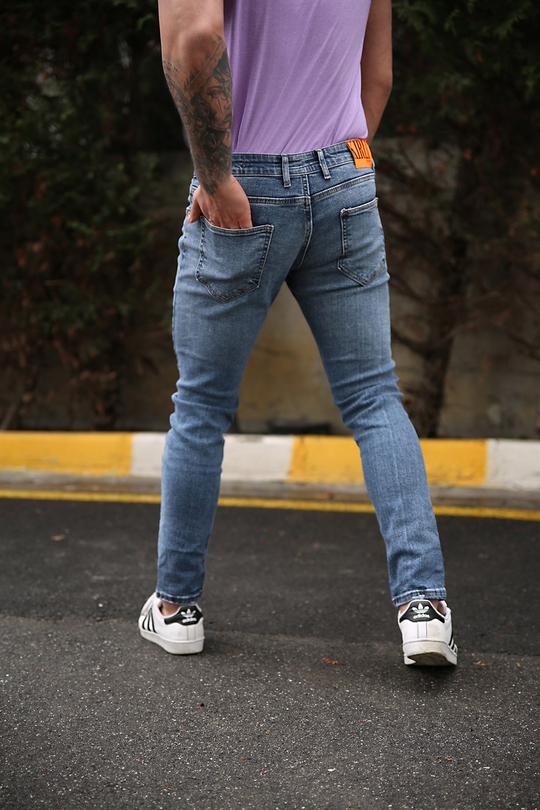 KOT PANTOLONErkek Taşlı Mavi Slim Fit Kot Pantolon