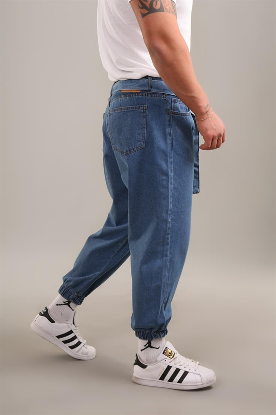 KOT PANTOLONKapalı Mavi Kemerli Kelepçe Paça Gabardin Boyfriend Pantalon