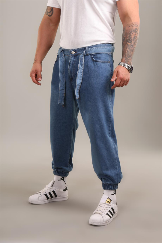 KOT PANTOLONKapalı Mavi Kemerli Kelepçe Paça Gabardin Boyfriend Pantalon