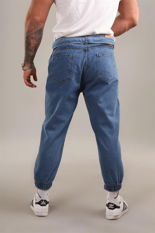 KOT PANTOLONKapalı Mavi Kemerli Kelepçe Paça Gabardin Boyfriend Pantalon