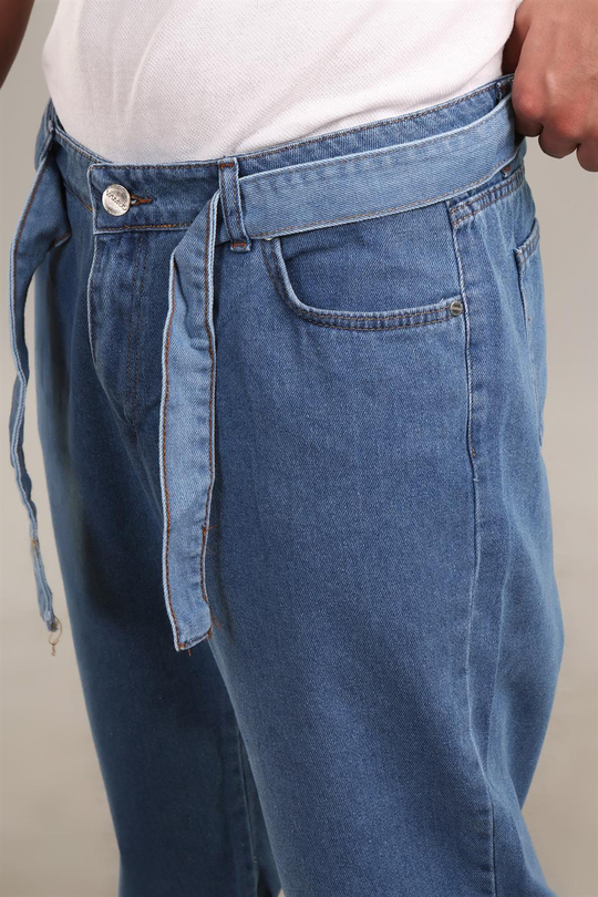 KOT PANTOLONKapalı Mavi Kemerli Kelepçe Paça Gabardin Boyfriend Pantalon