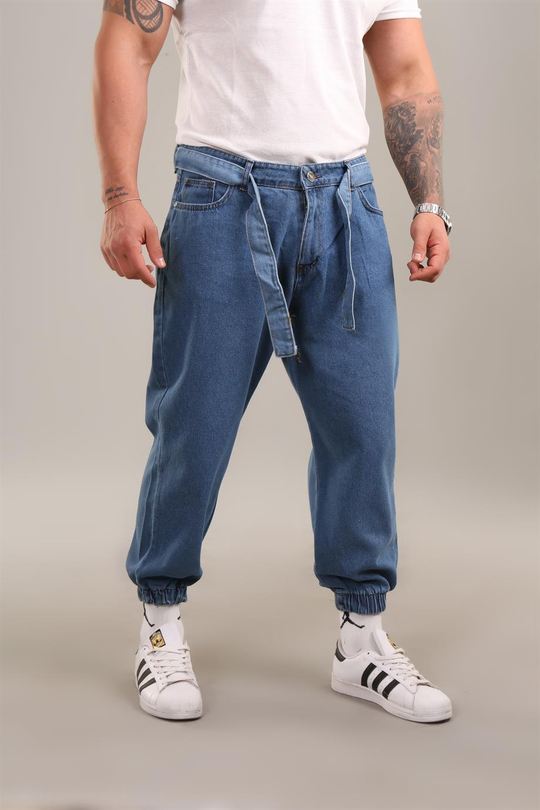 KOT PANTOLONKapalı Mavi Kemerli Kelepçe Paça Gabardin Boyfriend Pantalon