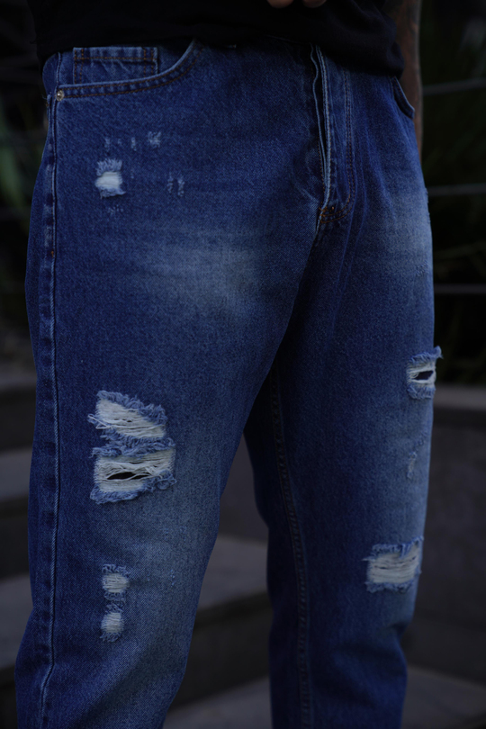 KOT PANTOLONMavi Taşlı Lazer Kesim Baggy Kot Pantolon PSP5008
