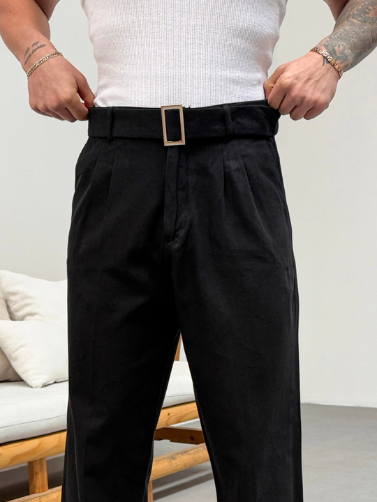 KOT PANTOLONSiyah Kendiliğinden Kemerli Baggy Keten Pantolon SNZ 1014