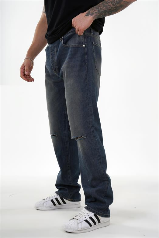 KOT PANTOLONStandart Lacivert Dizleri Yırtık Baggy  Kot Pantolon 2024