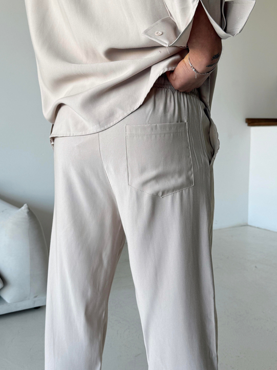 KUMAŞ PANTOLONBej Diogenal Tensel Pamuk Bol Pantalon SNZ 13201