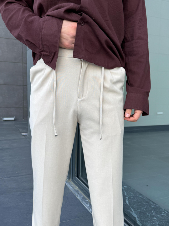 KUMAŞ PANTOLONBej Lastikli Bağcıklı Pamuk Bezayağı Regular Fit Kumaş Pant snz 1265