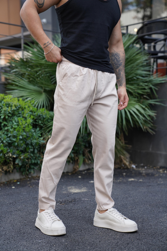 KUMAŞ PANTOLONEkru Lastikli Bağcıklı Baggy Gabardin Pantolon SNZ 4556