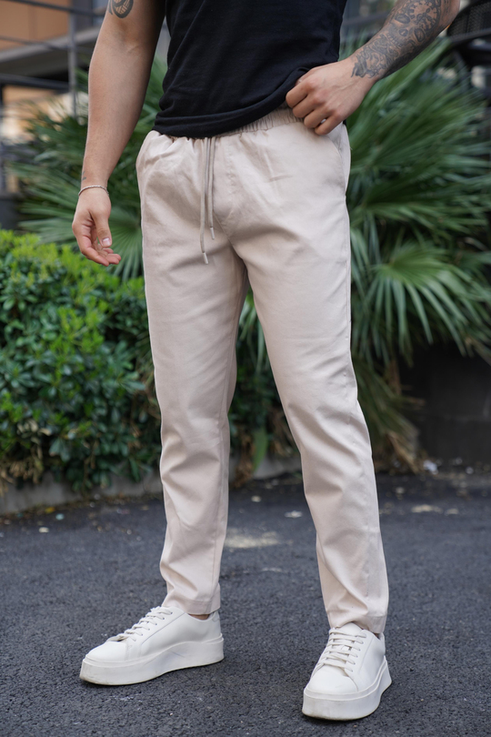 KUMAŞ PANTOLONEkru Lastikli Bağcıklı Baggy Gabardin Pantolon SNZ 4556