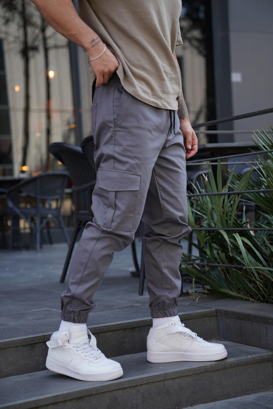 KUMAŞ PANTOLONGri Gabardin Kargo Cep Kelepçe Paça PLT 014