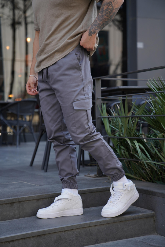 KUMAŞ PANTOLONGri Gabardin Kargo Cep Kelepçe Paça PLT 014