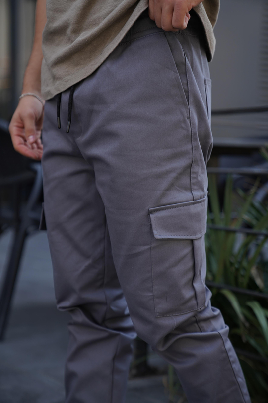 KUMAŞ PANTOLONGri Gabardin Kargo Cep Kelepçe Paça PLT 014
