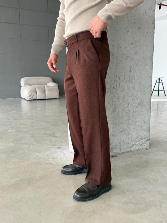 KUMAŞ PANTOLONKahve Bol Kesim Pileli Kumaş Pantolon SC