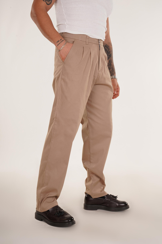 KUMAŞ PANTOLONKrem Düz Pileli Bol Gabardin Pantolon 8386