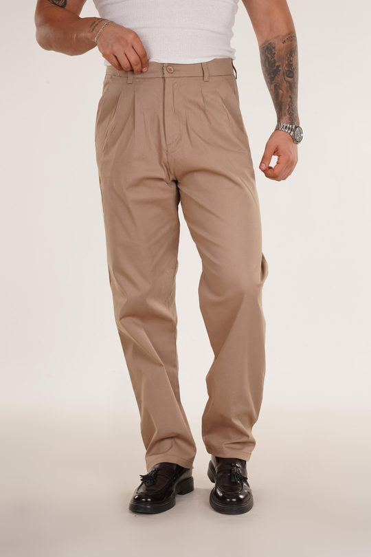 KUMAŞ PANTOLONKrem Düz Pileli Bol Gabardin Pantolon 8386