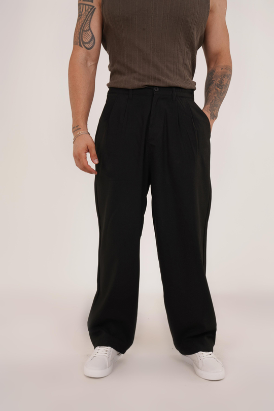 KUMAŞ PANTOLONSiyah Beli Lastikli Pileli Bol Paça Kumaş Pant. VMS30795