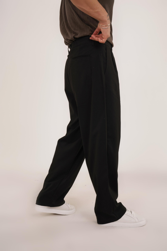 KUMAŞ PANTOLONSiyah Beli Lastikli Pileli Bol Paça Kumaş Pant. VMS30795