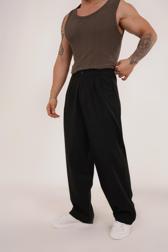 KUMAŞ PANTOLONSiyah Beli Lastikli Pileli Bol Paça Kumaş Pant. VMS30795