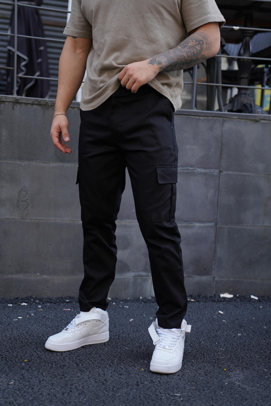 KUMAŞ PANTOLONSiyah Gabardin Baggy Kargo Cep Pantolon PLT 013