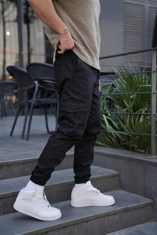 KUMAŞ PANTOLONSiyah Gabardin Kargo Cep Kelepçe Paça PLT 014