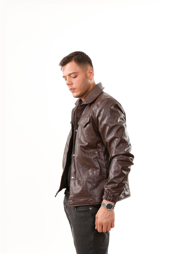 MONT & CEKETKahve Ön Cepli Çıtçıtlı Deri Ceket  
