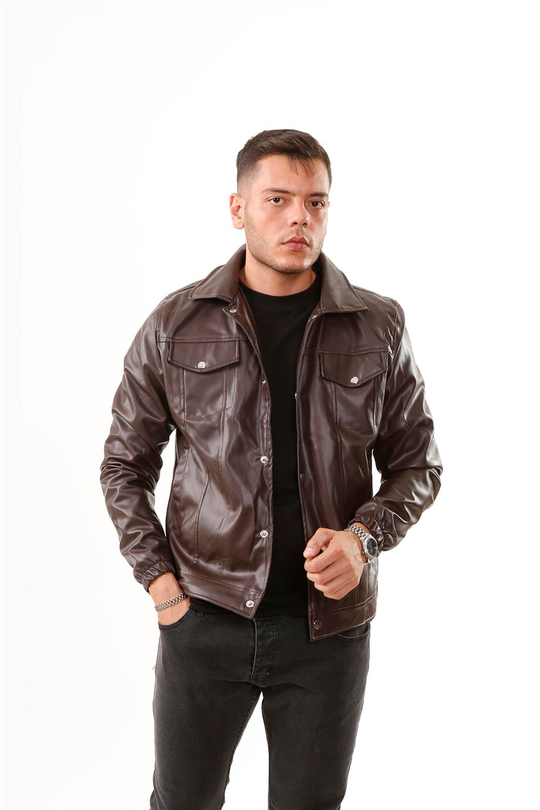 MONT & CEKETKahve Ön Cepli Çıtçıtlı Deri Ceket  