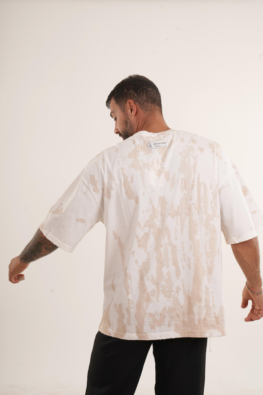 OVERSİZE T-SHİRTBej Yüksek Kalite Batik Desen Oversize T-SHİRT VMS 40318