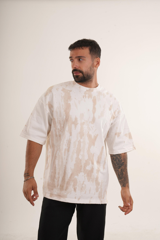 OVERSİZE T-SHİRTBej Yüksek Kalite Batik Desen Oversize T-SHİRT VMS 40318